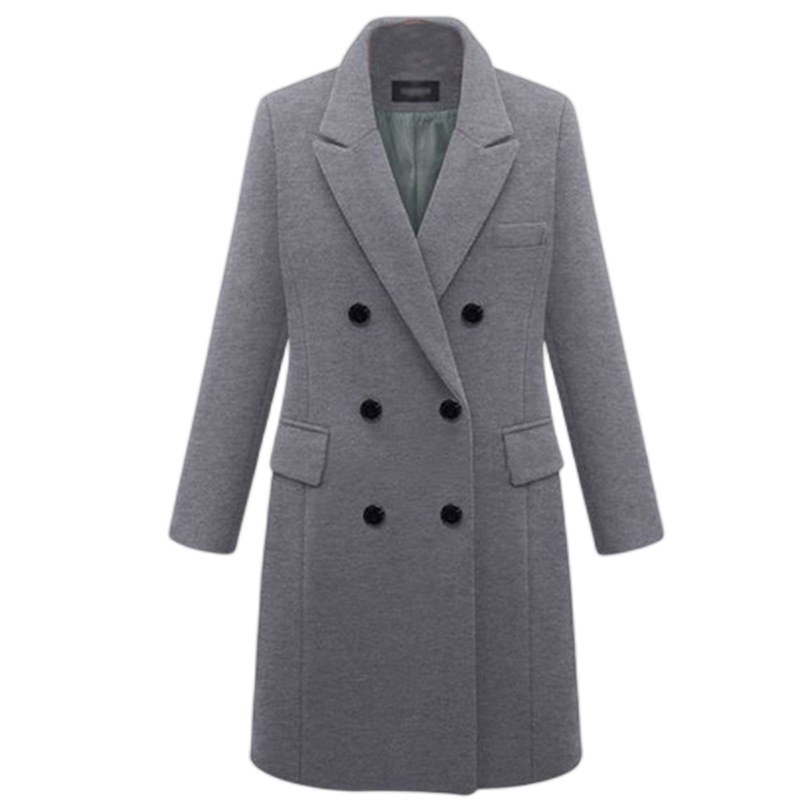 Women's Double Breasted Midi Coat, Notched Lapel Long Sleeve Polyester Dress Coat, Classic Solid Formal Work Outerwear  