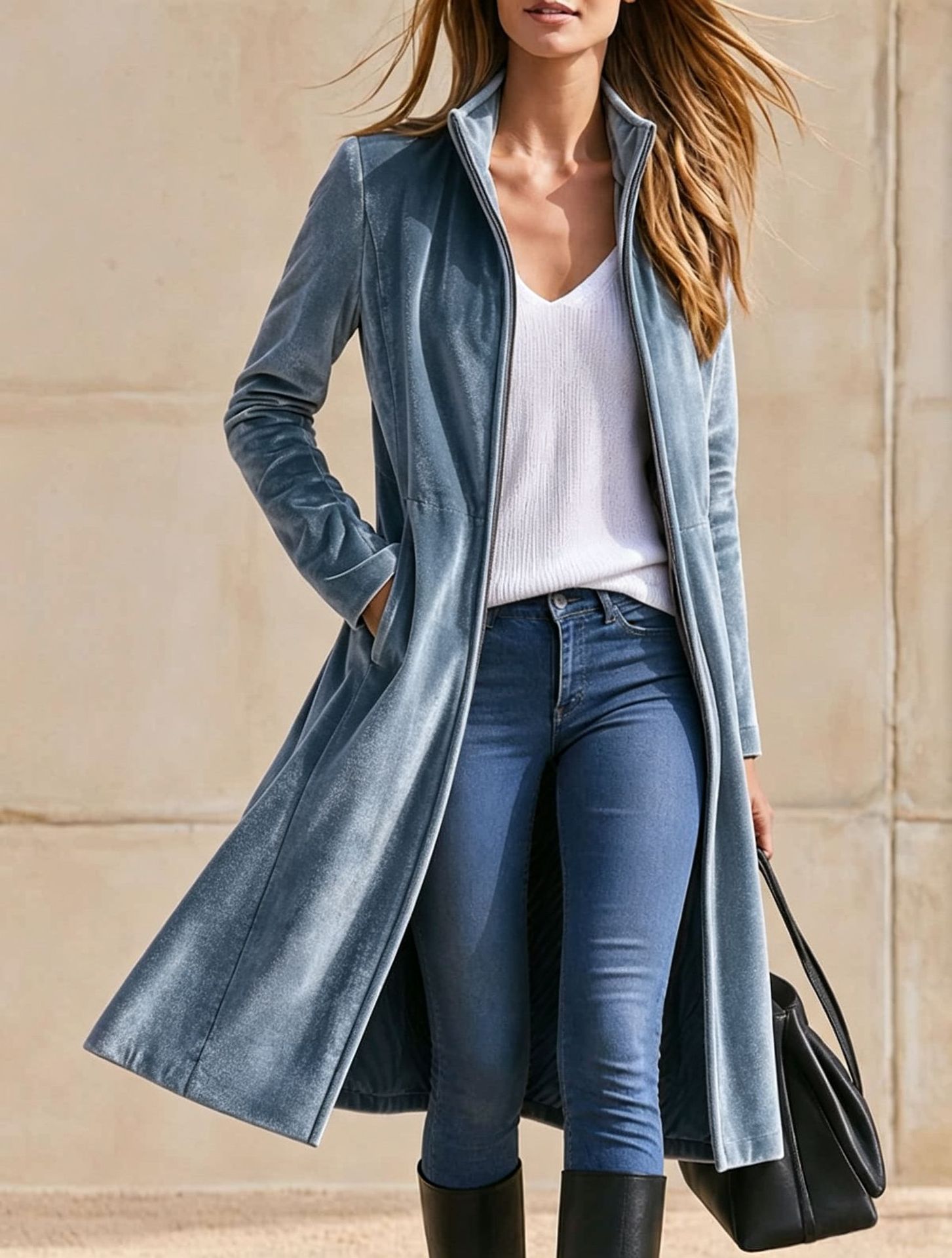Women's Stand Collar Velvet Long Coat, Full Zip Up Over Knee Retro Velvet Trench Coat, Fall Winter Elegant Outerwear