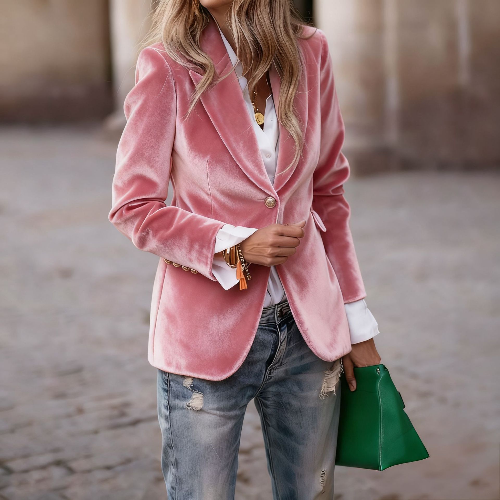 Women's Velvet Blazer, Elegant Lapel Single Button Slim Fit Velvet Suit Jacket, Fall Winter Faux Pocket Long Sleeve Formal Casual Outerwear