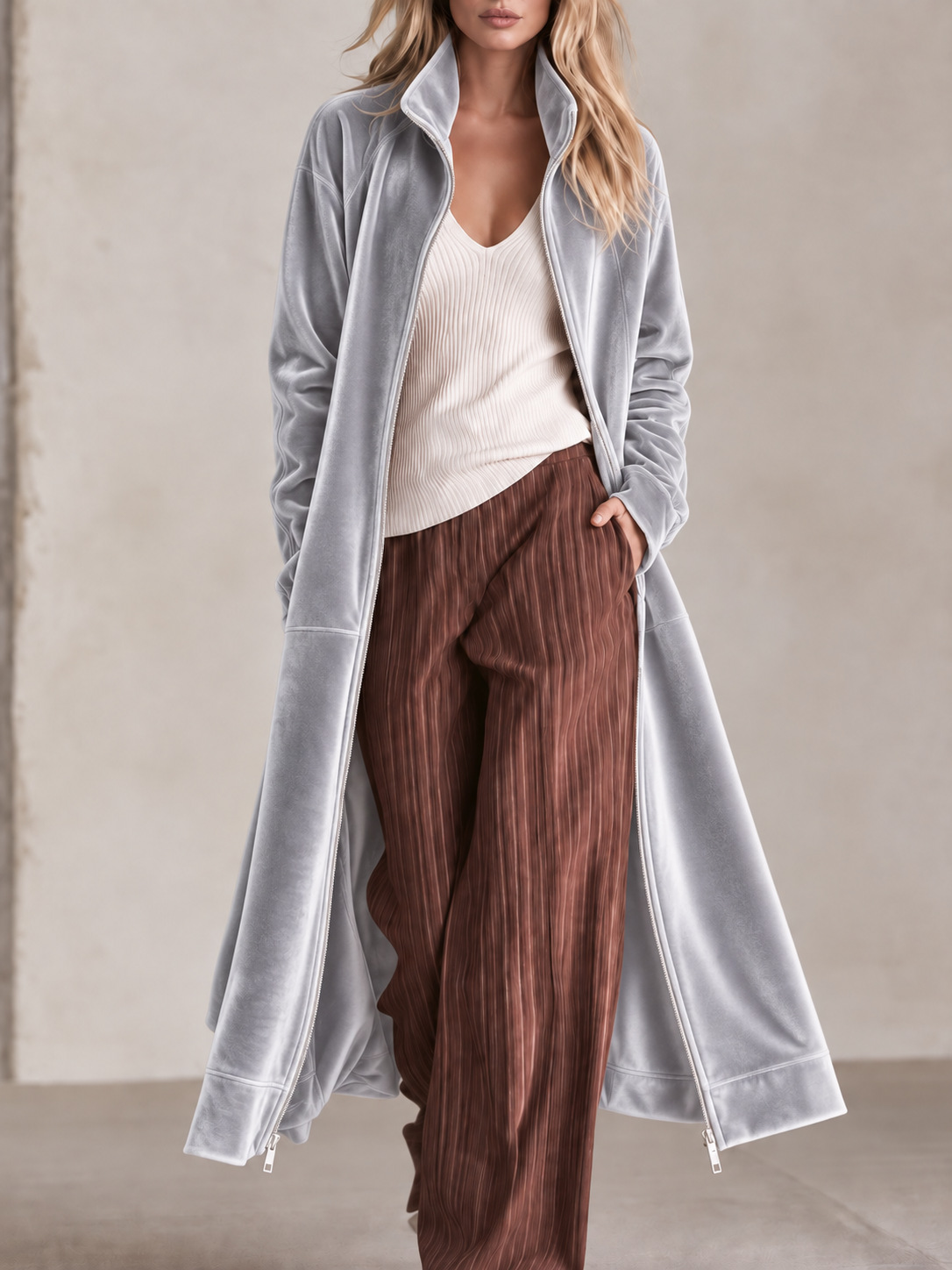 Women's Long Velvet Coat with Zipper Closure, Stand Collar Long Sleeve Jacket, Elegant Casual Lightweight Outerwear for Fall and Winter
