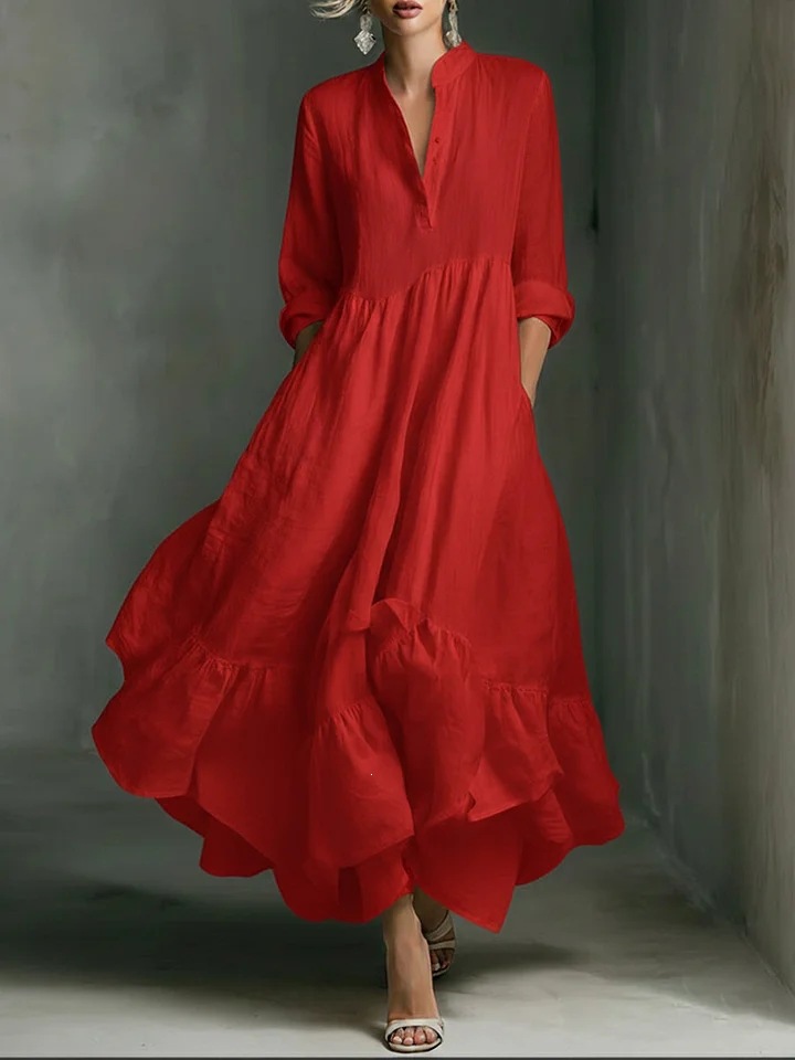 Women's White Maxi Dress, Long Sleeve Button Front Boho Dress with Ruffle Hem, Stand Collar Flowy High Waist Long Dress for Summer Vacation