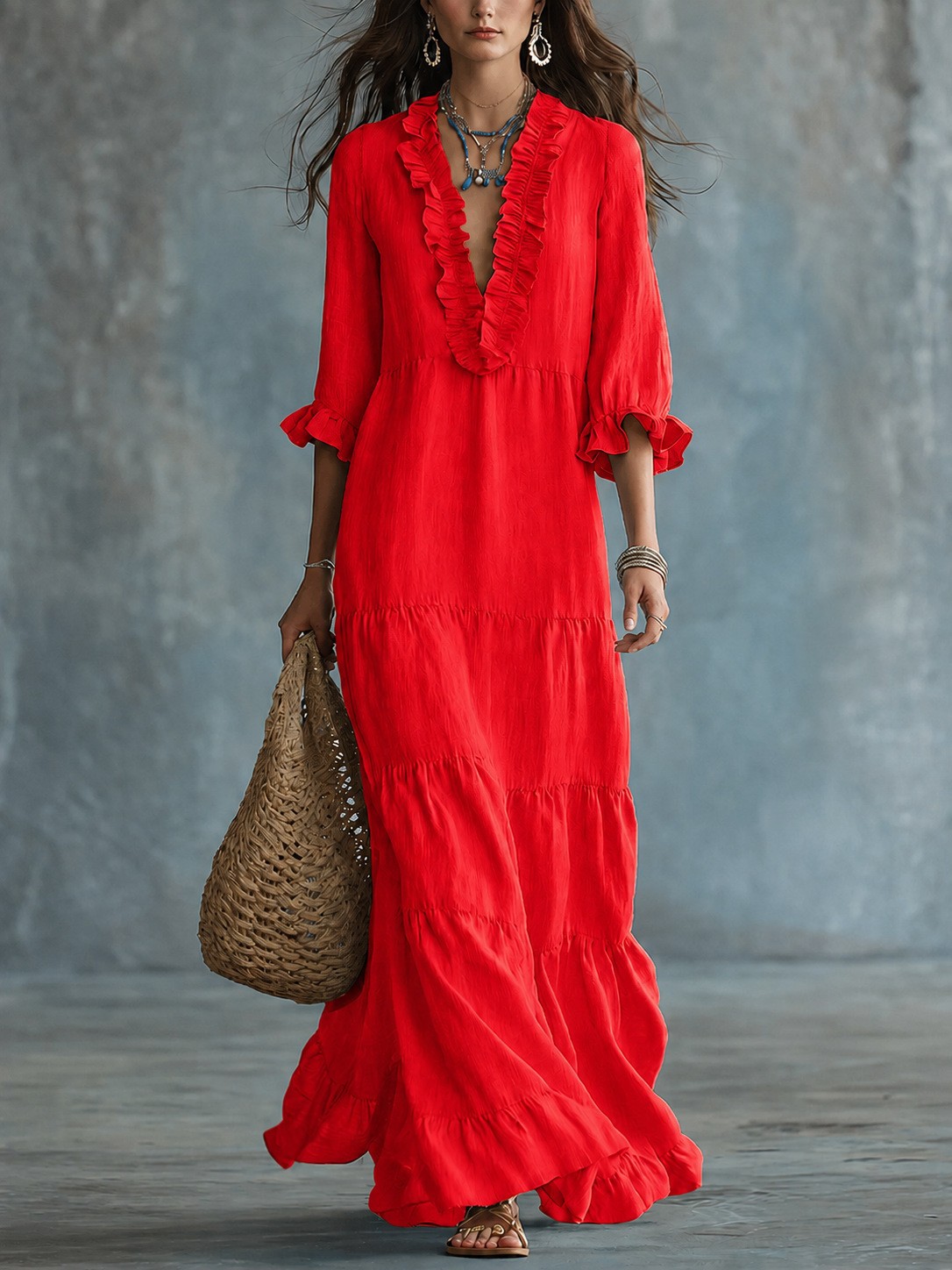 Women's Boho Maxi Dress, Ruffle Deep V Neck 3/4 Sleeve Flowy Tiered Long Dress, Loose Fit Casual Beach Vacation Resort Dress