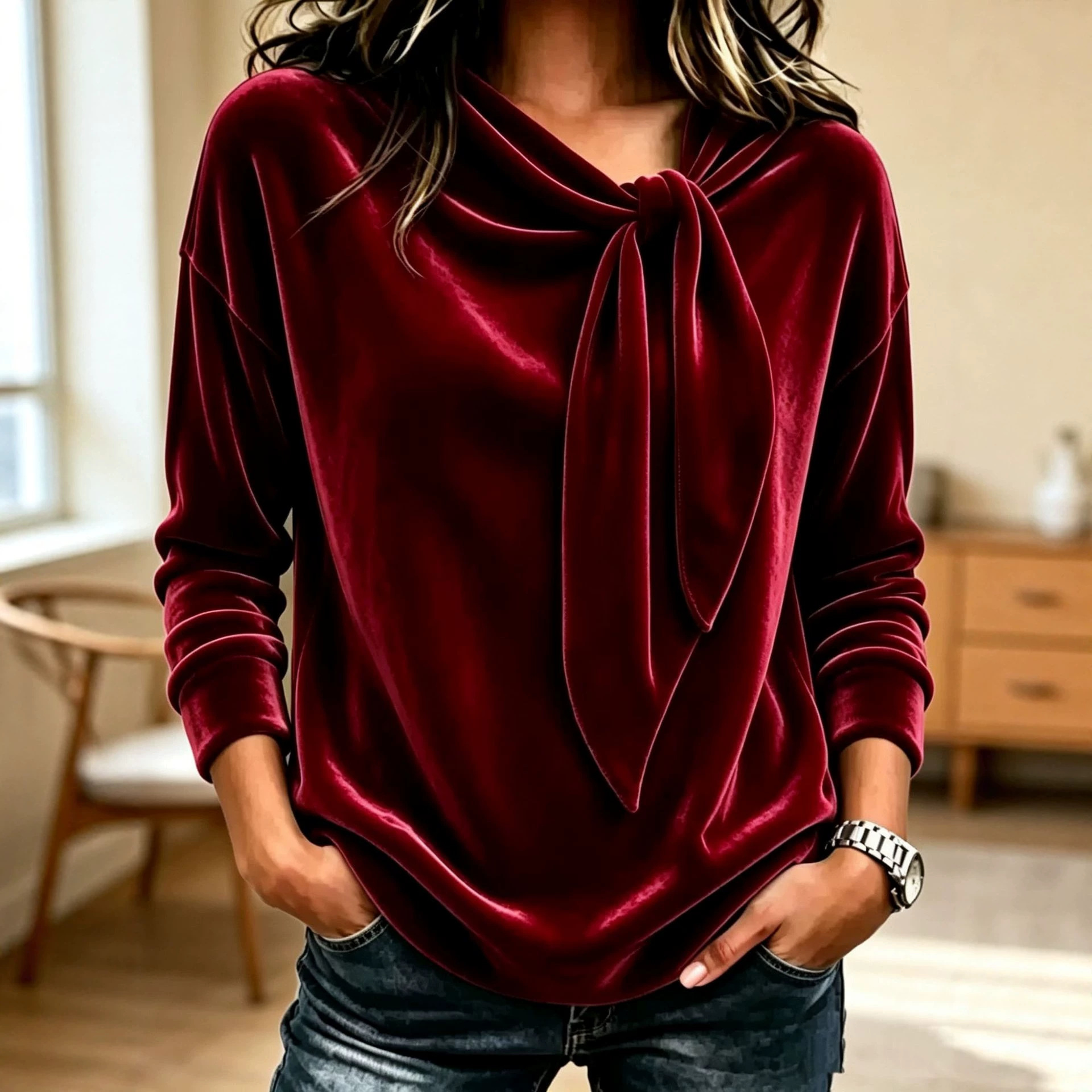 Women's Velvet Bow Neck Top, Long Sleeve Blouse with Tie Neck Detail, Elegant Loose Fit Satin-Look Velvet Shirt for Fall Winter Casual and Dressy Outfits