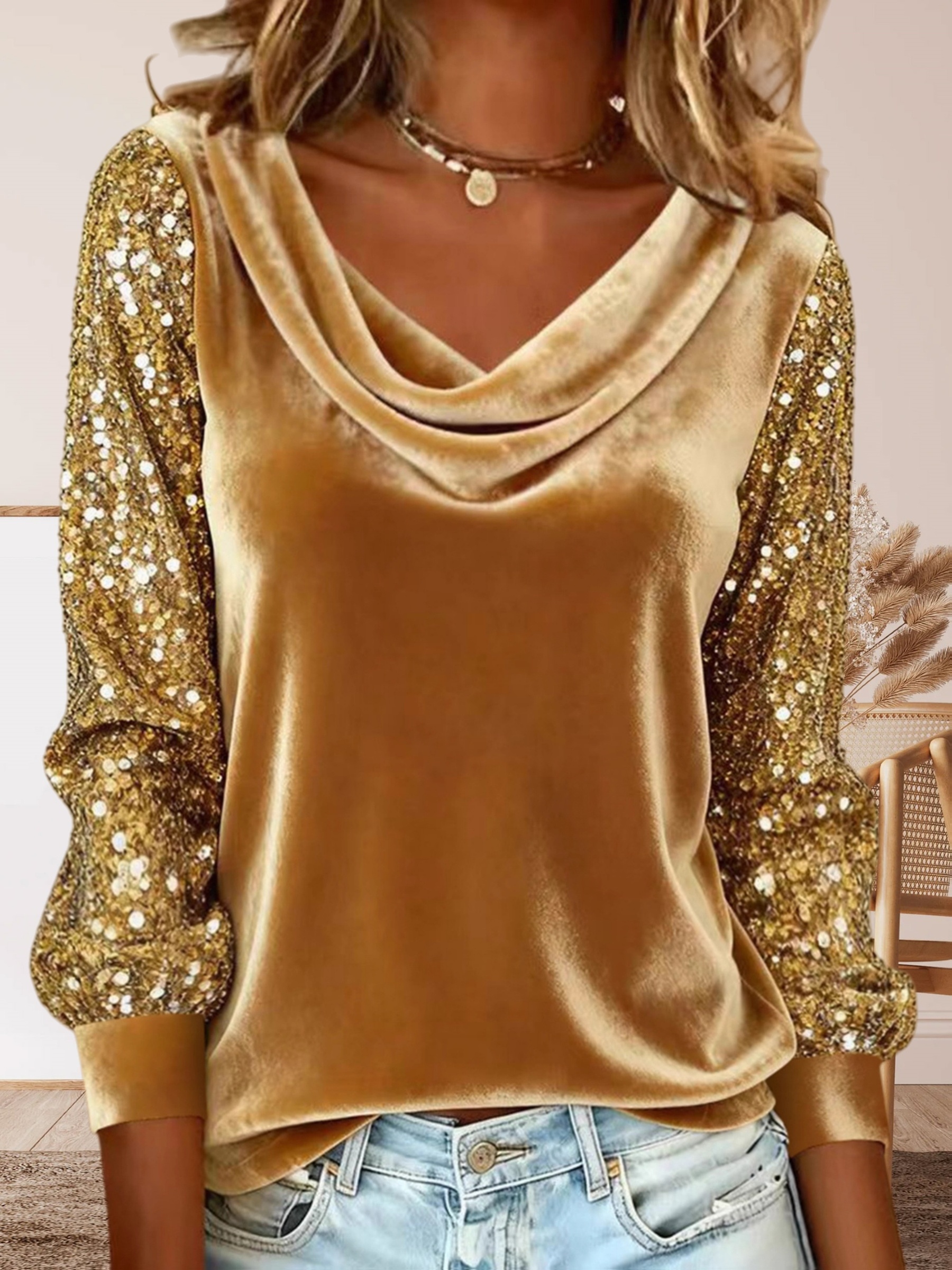Women’s Velvet Cowl Neck Long Sleeve Top with Sequin Sleeves