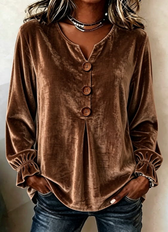 Women's Velvet Long Sleeve Blouse V Neck Button Down Top Soft Casual Loose Fit Shirt Elegant Fall Winter Pullover-gemscharms