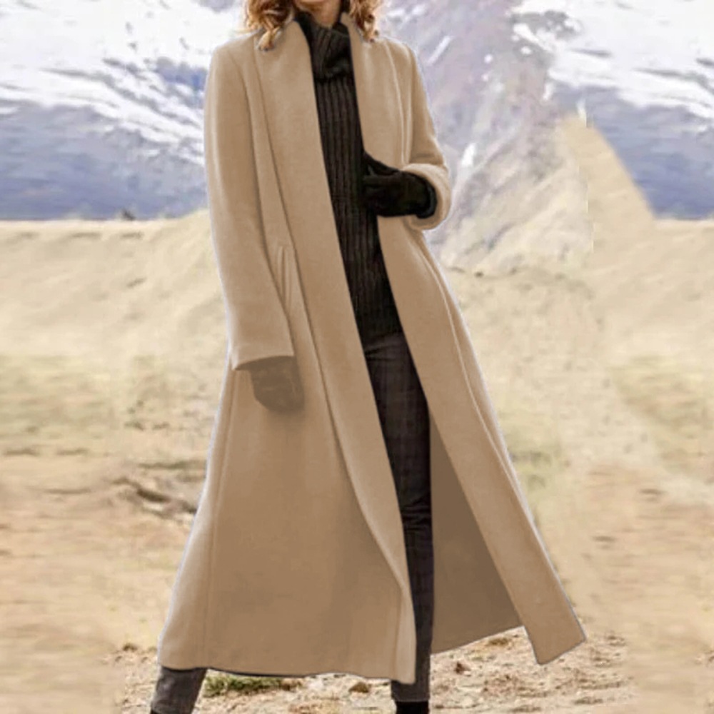 Women's Long Coat – Elegant Open Front Lapel Jacket for Fall Winter