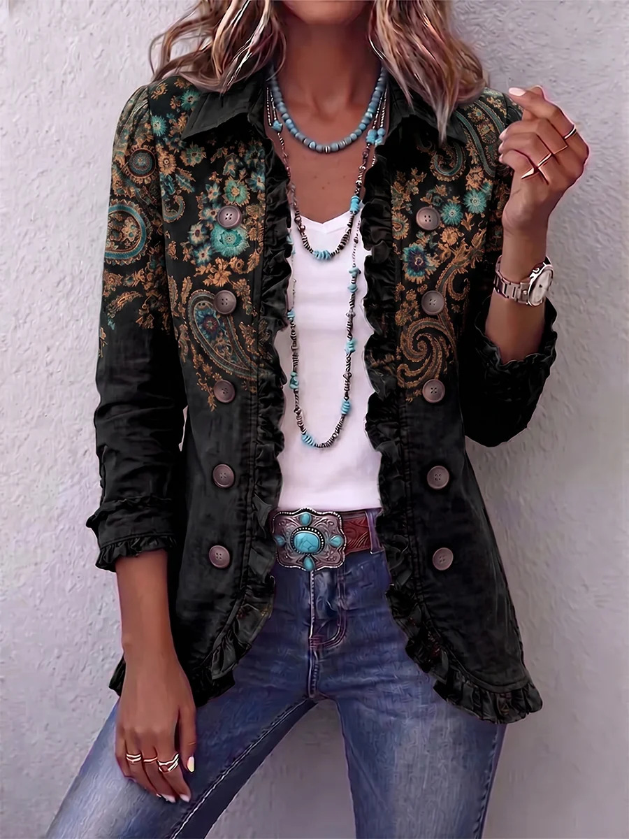 Women’s Boho Paisley Print Ruffle Button Down Jacket
