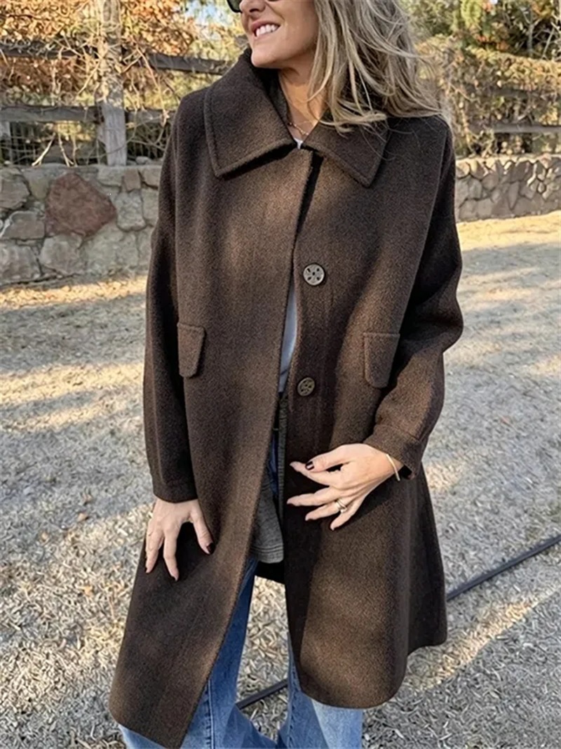 Women's Lapel Collar Mid‑Length Coat, Casual Single‑Breasted Loose Long Sleeve Outerwear, Polyester Fall Winter Warm Overcoat
