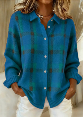 Women’s Plaid Knit Cardigan Sweater – Casual Loose Fit Button Down Long Sleeve Collared Shirt Jacket