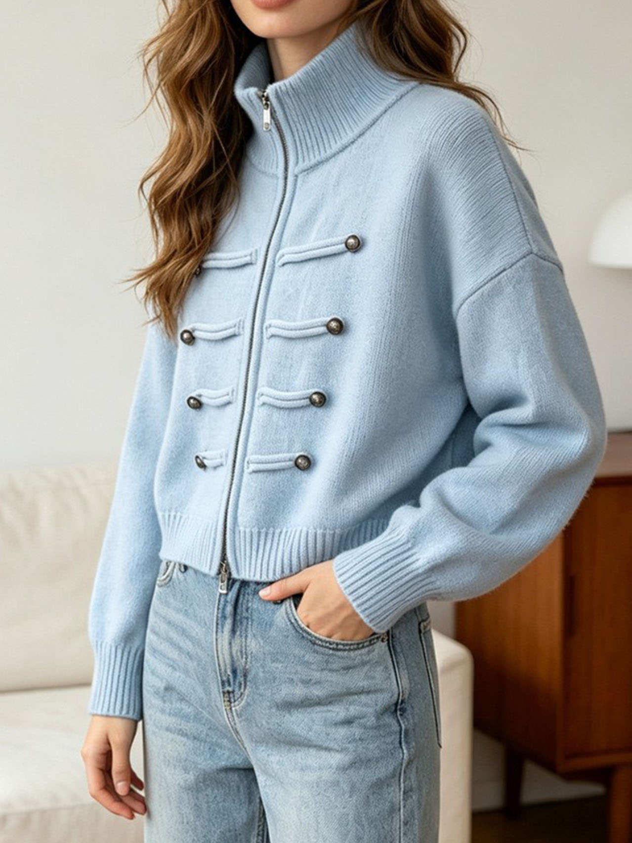 Women's Casual Mock Neck Zip Up Knit Sweater Long Sleeve Pullover Top, Solid Color Ribbed Knit Lightweight Sweater for Fall Winter