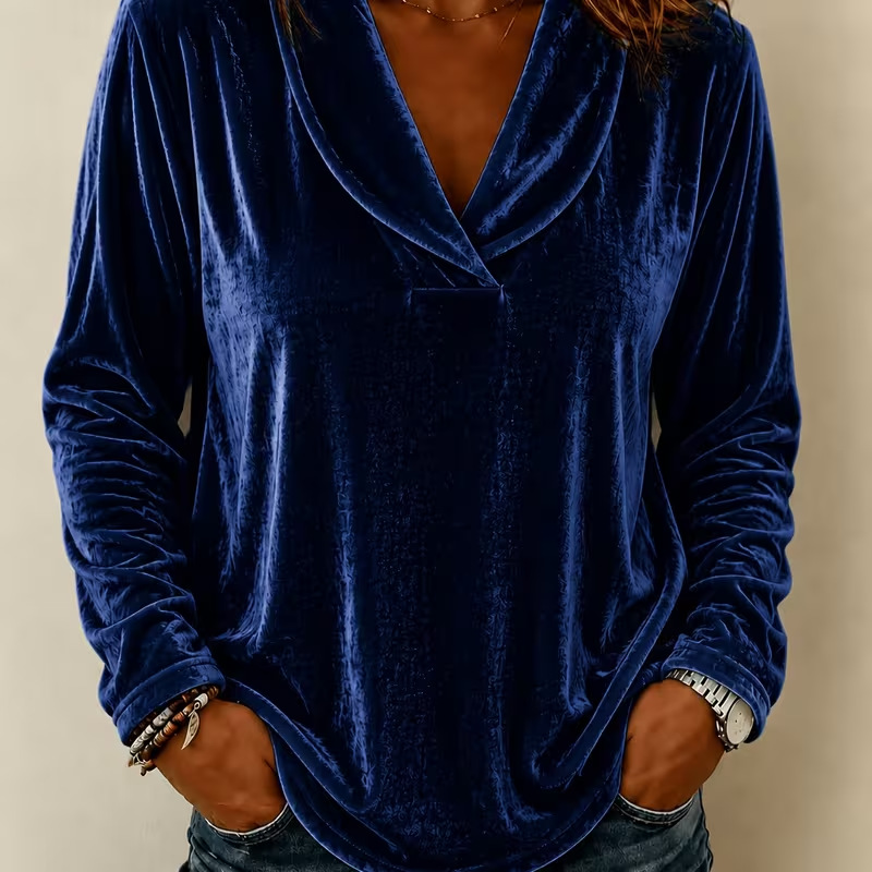 Women's Long Sleeve Velvet V Neck Tunic Top, Casual Solid Color Loose Fit Blouse Shirt, Soft Stretchy Pullover Top for Fall Winter-gemscharms