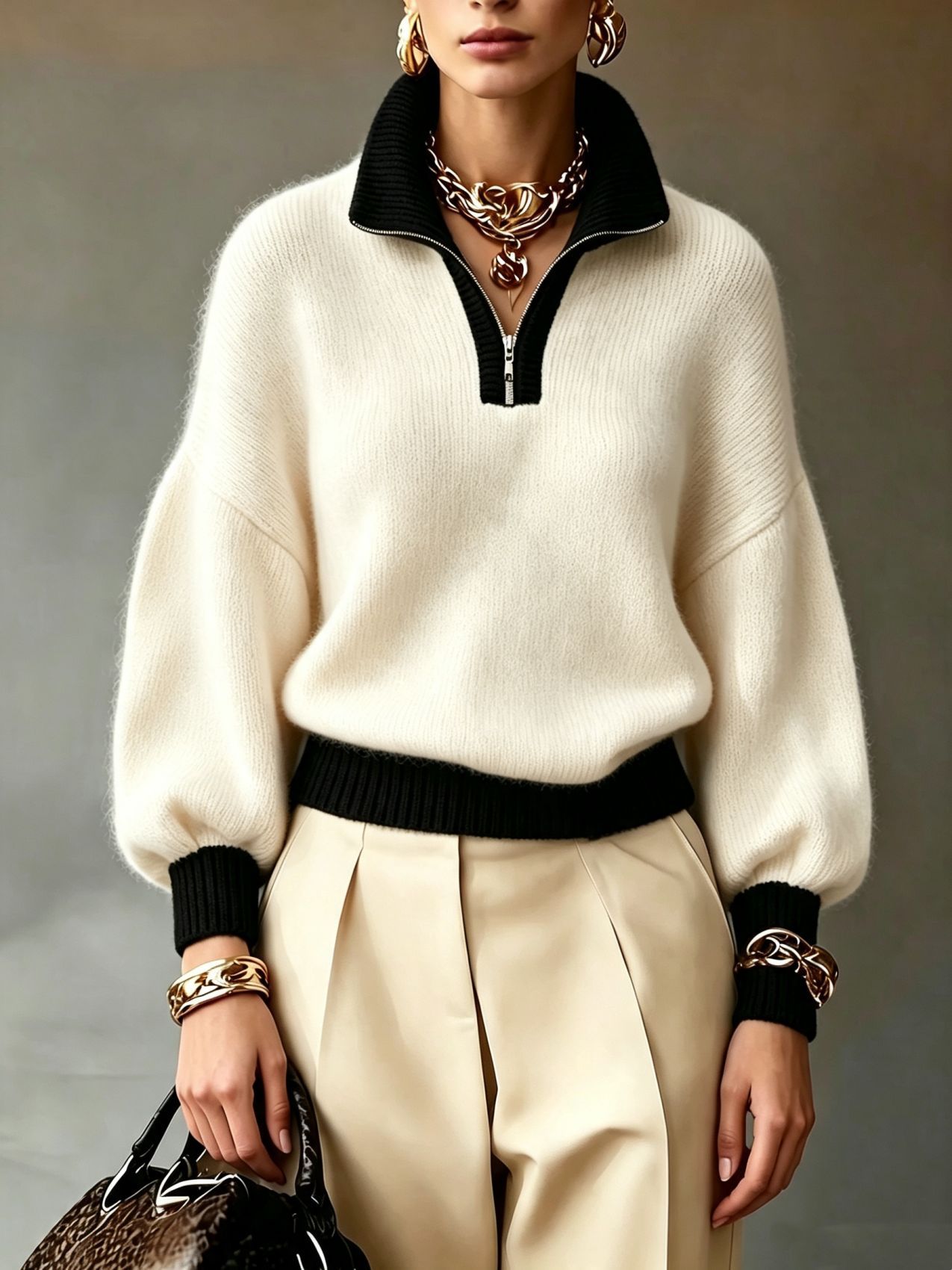 Women’s Contrast Trim Half-Zip Knit Sweater
