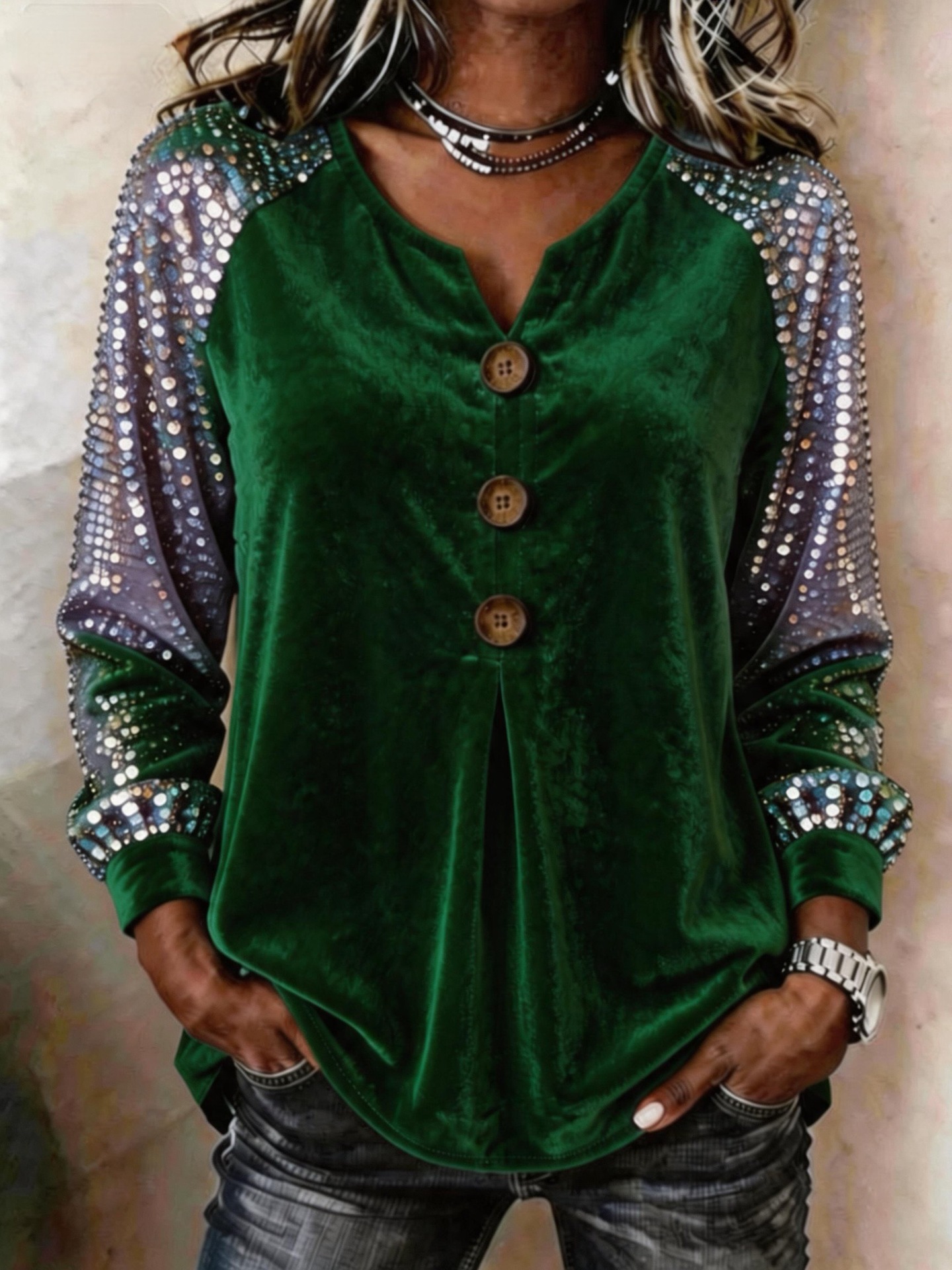 Women's Velvet Blouse Long Sleeve Sequin Sleeve Top V Neck Button Down Elegant Party Casual Shirt