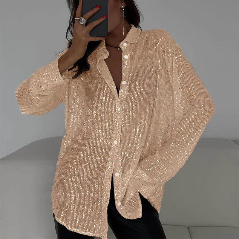 Women's Velvet Blouse Long Sleeve Sequin Sleeve Top V Neck Button Front Elegant Party Casual Shirt