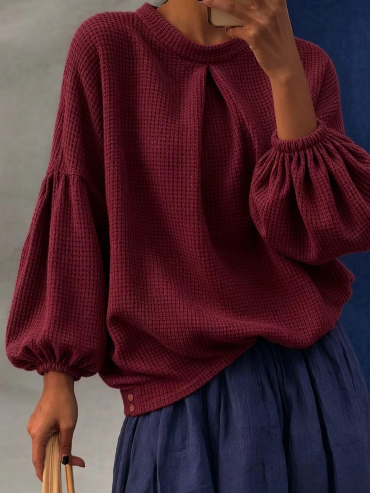 Women's Waffle Knit Puff Sleeve Top, Long Sleeve Crew Neck Casual Pullover Shirt, Loose Fit Textured Blouse for Fall Winter