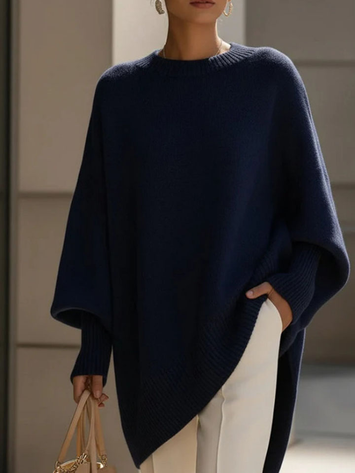 Women Oversized Crew Neck Sweater, Batwing Long Sleeve Asymmetrical Hem Loose Knit Pullover Tunic Top for Fall Winter