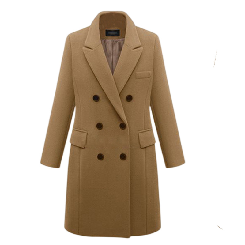 Women's Double Breasted Midi Coat, Notched Lapel Long Sleeve Polyester Dress Coat, Classic Solid Formal Work Outerwear  