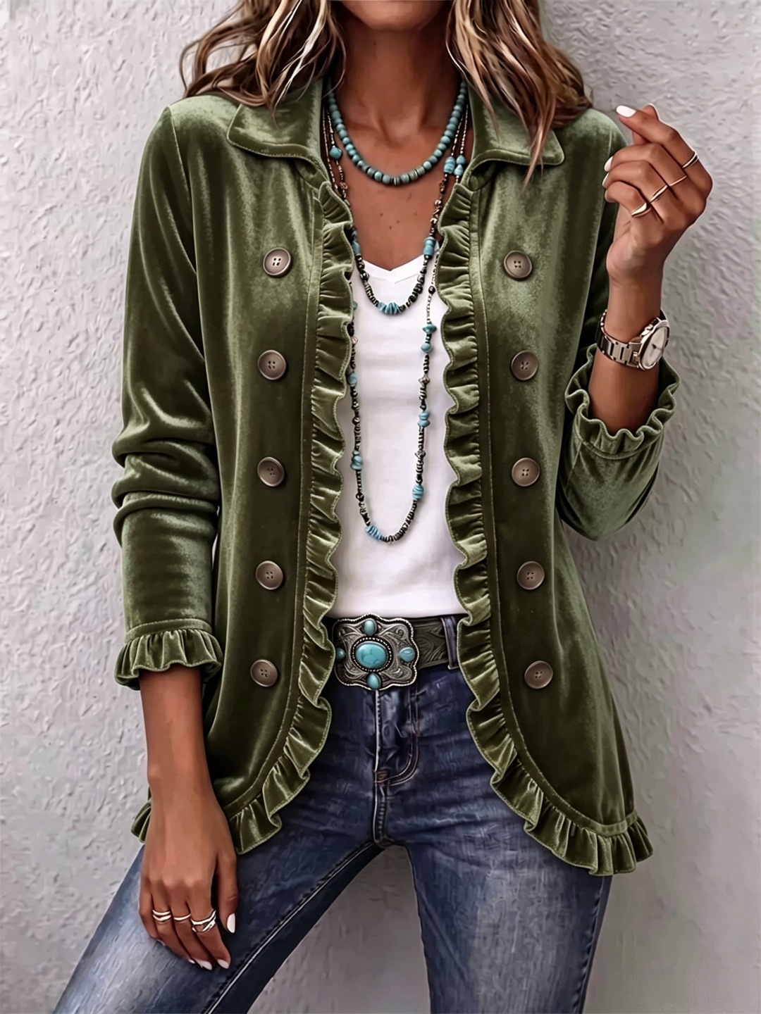 Women's Velvet Button Down Jacket, Long Sleeve Ruffle Trim Collared Velour Open Front Cardigan Coat, Fall Winter Casual Outerwear