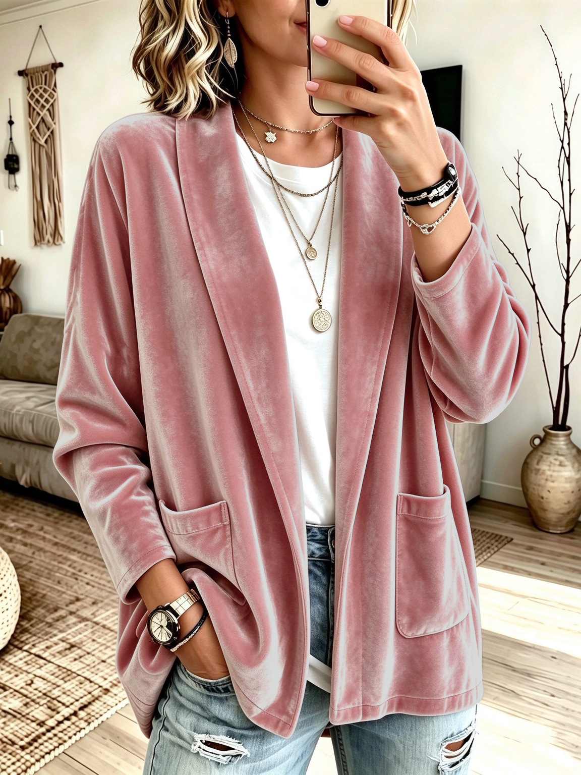 Women's Velvet Open Front Cardigan, Long Sleeve Shawl Collar Velour Jacket with Pockets, Fall Winter Casual Loose Fit Outerwear