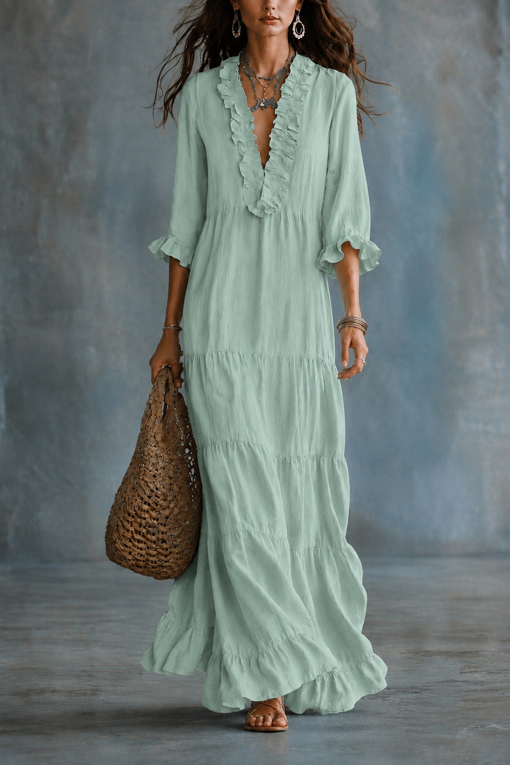 Women's Boho Maxi Dress, Ruffle Deep V Neck 3/4 Sleeve Flowy Tiered Long Dress, Loose Fit Casual Beach Vacation Resort Dress