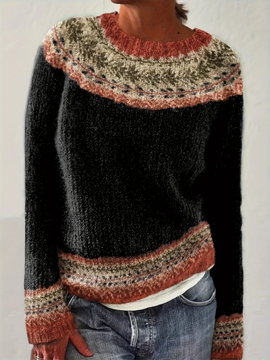Women's Vintage Fair Isle Pattern Crew Neck Sweater, Long Sleeve Striped Yoke Pullover Knit Jumper Top