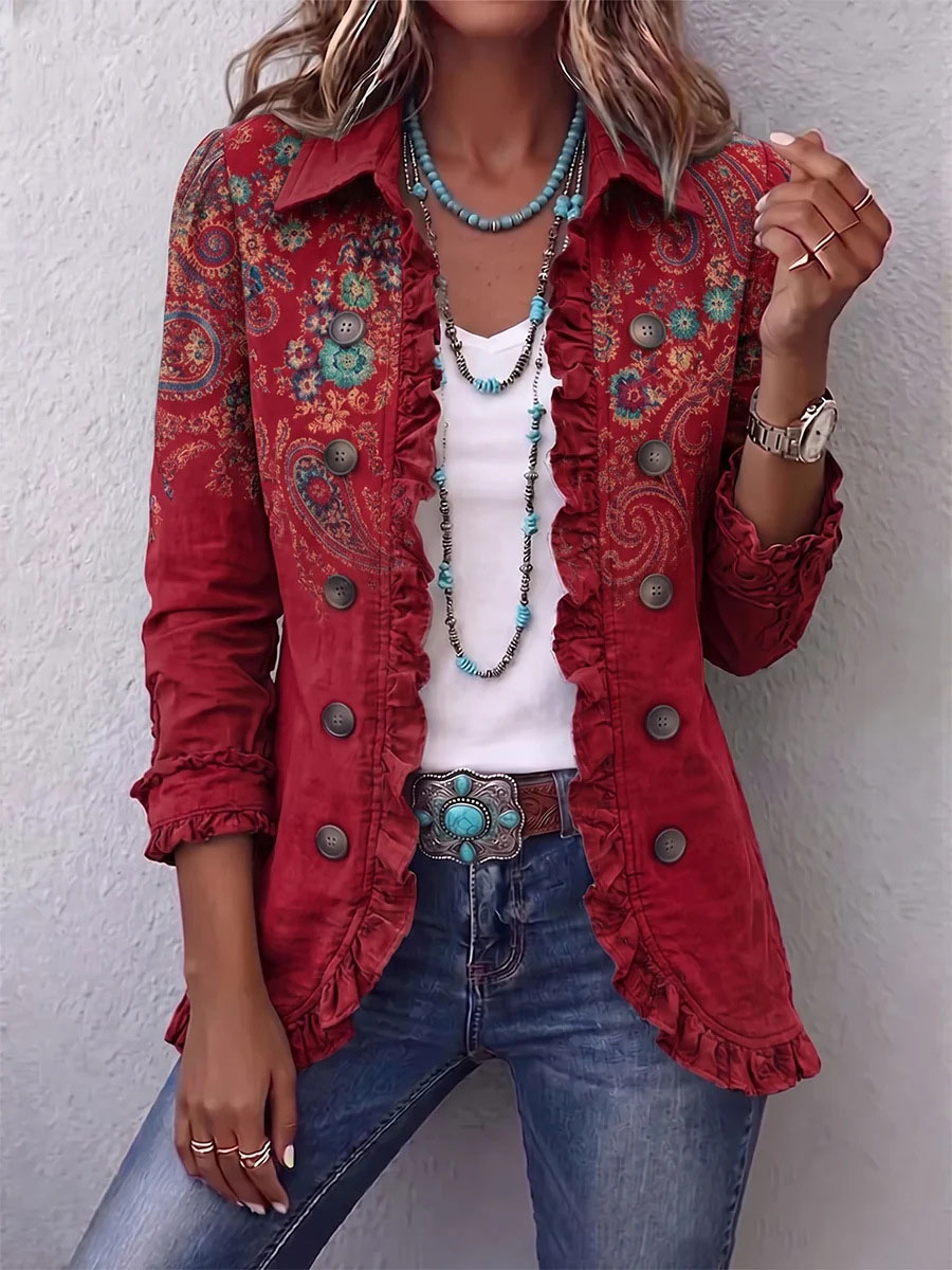 Women’s Boho Paisley Print Ruffle Button Down Jacket