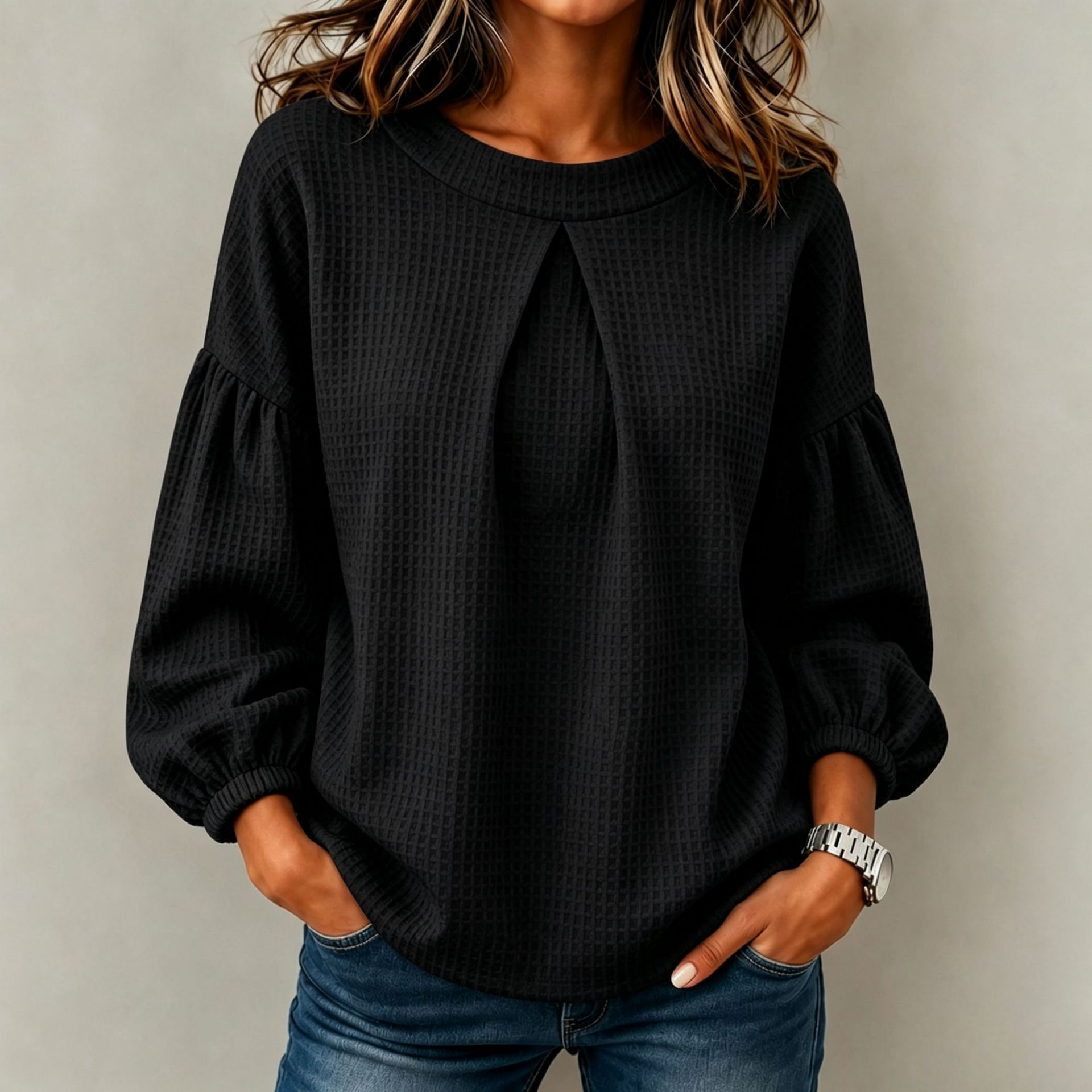 Women’s Solid Waffle Knit Lantern Sleeve Crew Neck Long Sleeve Tops