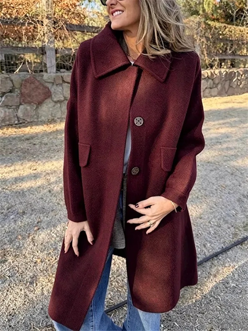 Women's Lapel Collar Mid‑Length Coat, Casual Single‑Breasted Loose Long Sleeve Outerwear, Polyester Fall Winter Warm Overcoat