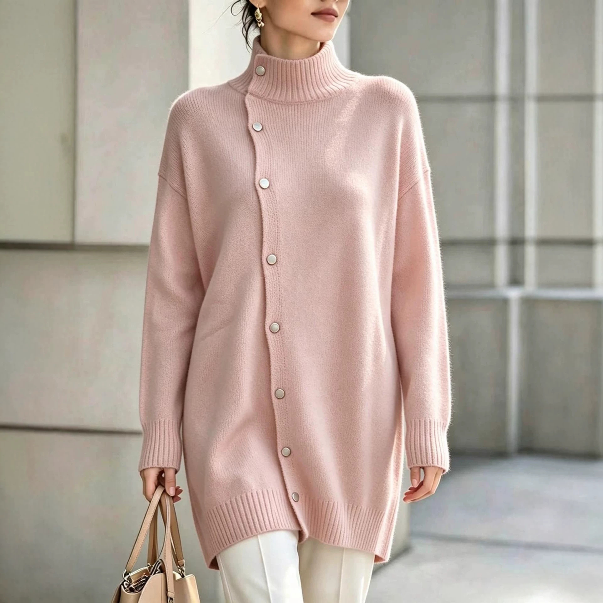 Women’s Turtleneck Button Front Sweater – Long Sleeve Oversized Knit Pullover Casual Cardigan Top