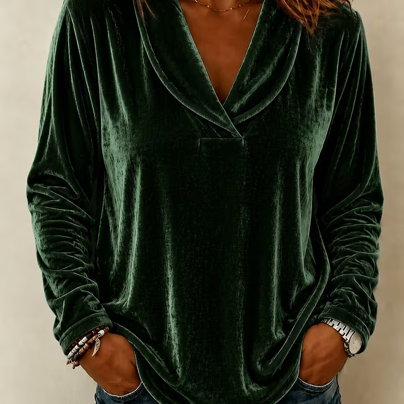 Women's Long Sleeve Velvet V Neck Tunic Top, Casual Solid Color Loose Fit Blouse Shirt, Soft Stretchy Pullover Top for Fall Winter-gemscharms