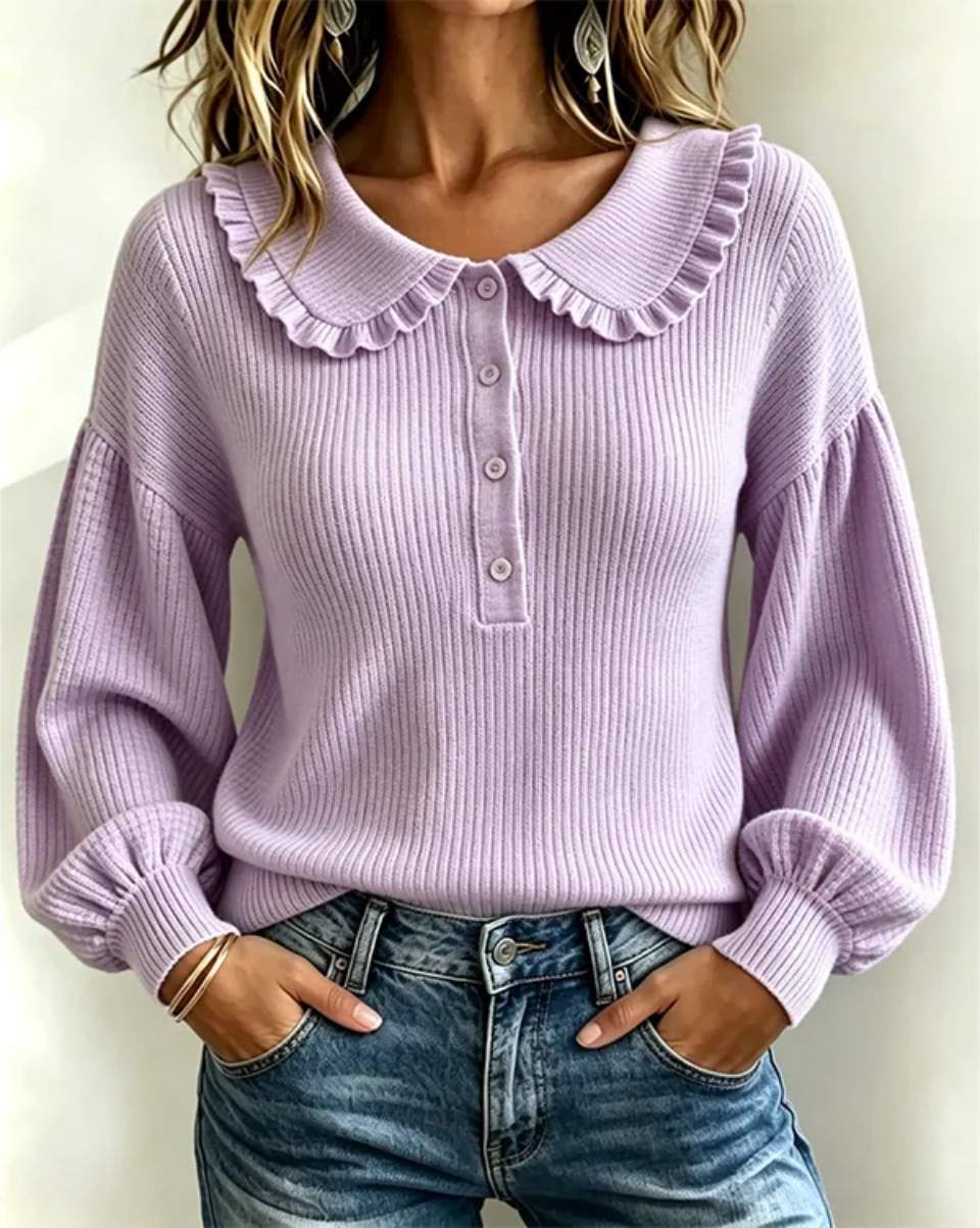 Women’s Ribbed Knit Sweater Top Long Sleeve Ruffle Peter Pan Collar Button Front Pullover Casual Cute Fall Winter Blouse