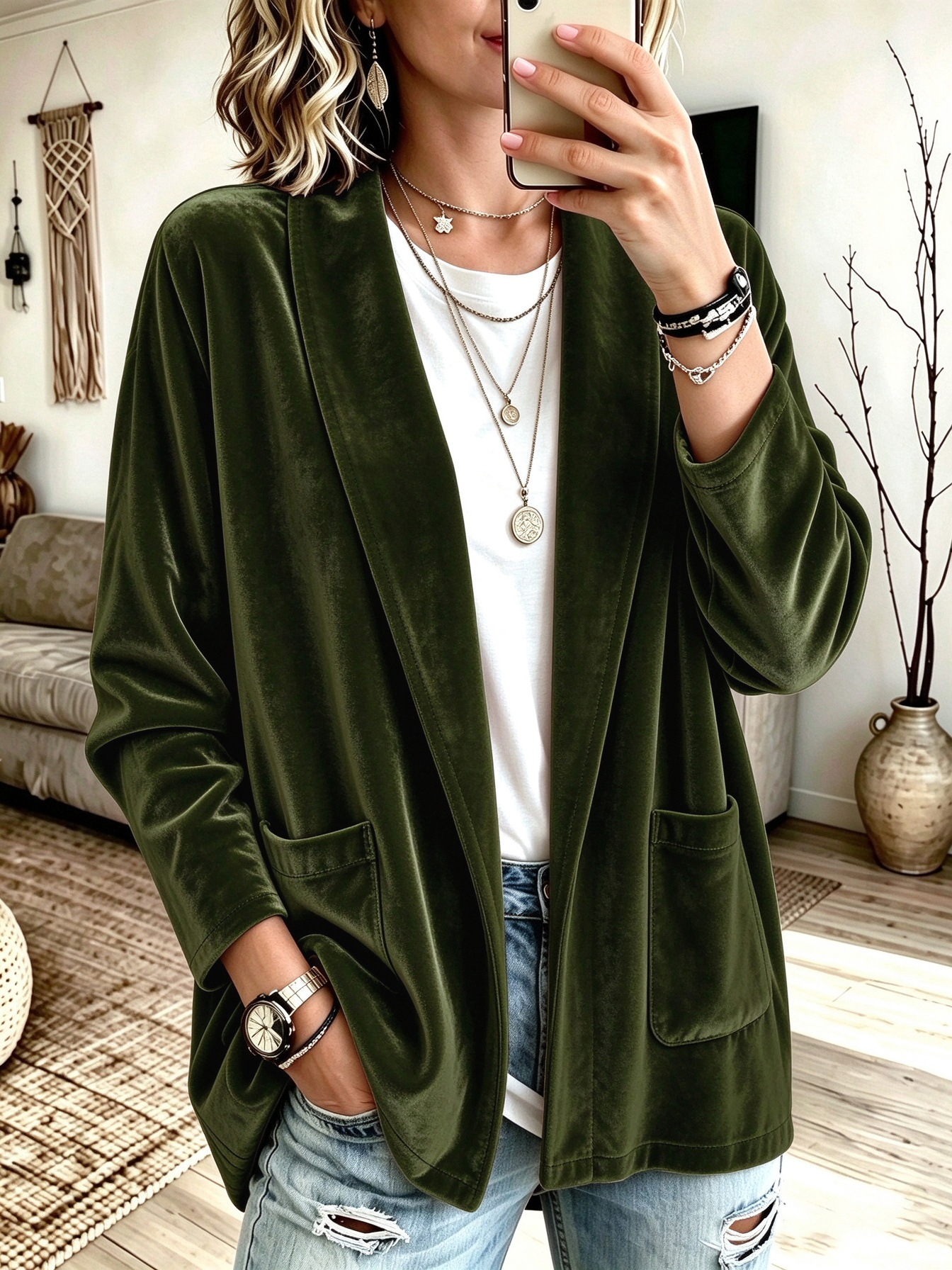 Women's Velvet Open Front Cardigan, Long Sleeve Shawl Collar Velour Jacket with Pockets, Fall Winter Casual Loose Fit Outerwear