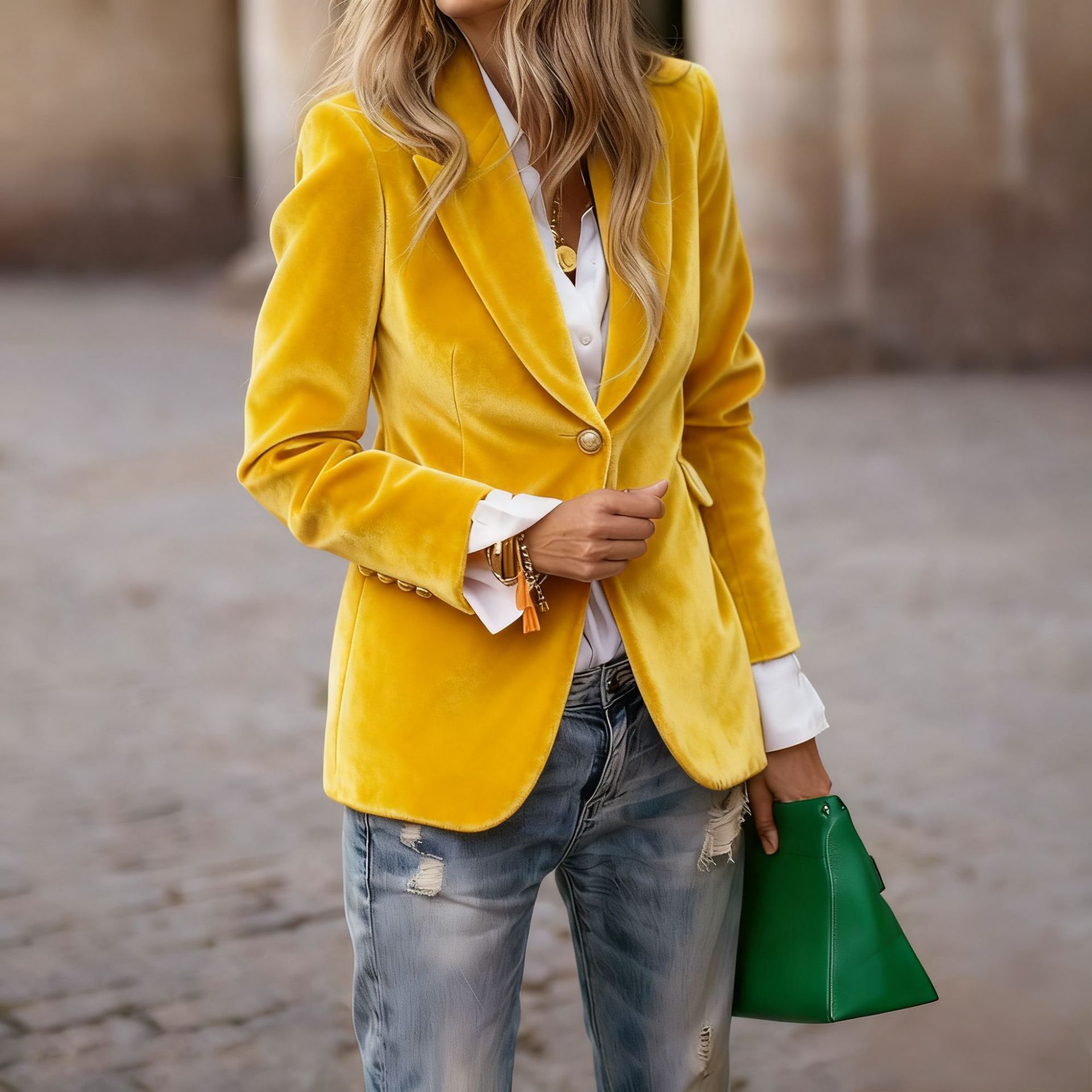 Women's Velvet Blazer, Elegant Lapel Single Button Slim Fit Velvet Suit Jacket, Fall Winter Faux Pocket Long Sleeve Formal Casual Outerwear