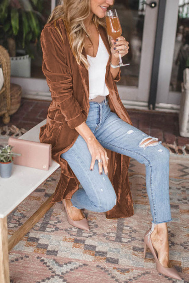 Women's Velvet Duster Coat, Long Open Front Blazer Jacket, Elegant Lightweight Longline Outerwear for Women, Casual Fall Spring Cardigan Coat