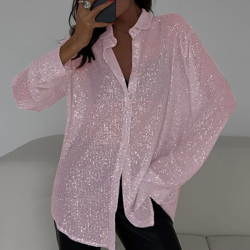 Women's Velvet Blouse Long Sleeve Sequin Sleeve Top V Neck Button Front Elegant Party Casual Shirt