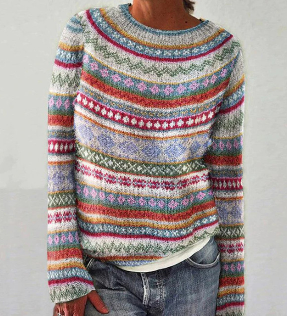 Women's Vintage Ethnic Striped Geometric Print Knit Sweater, Crew Neck Long Sleeve Colorful Pullover Top