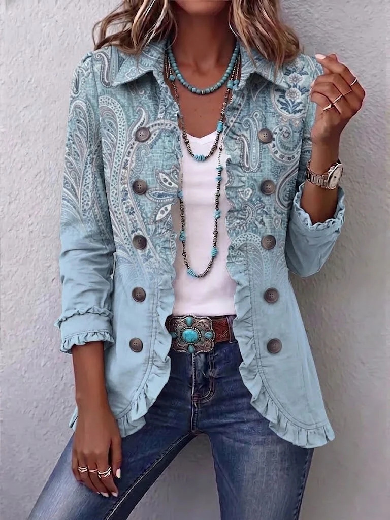 Women’s Boho Paisley Print Ruffle Button Down Jacket