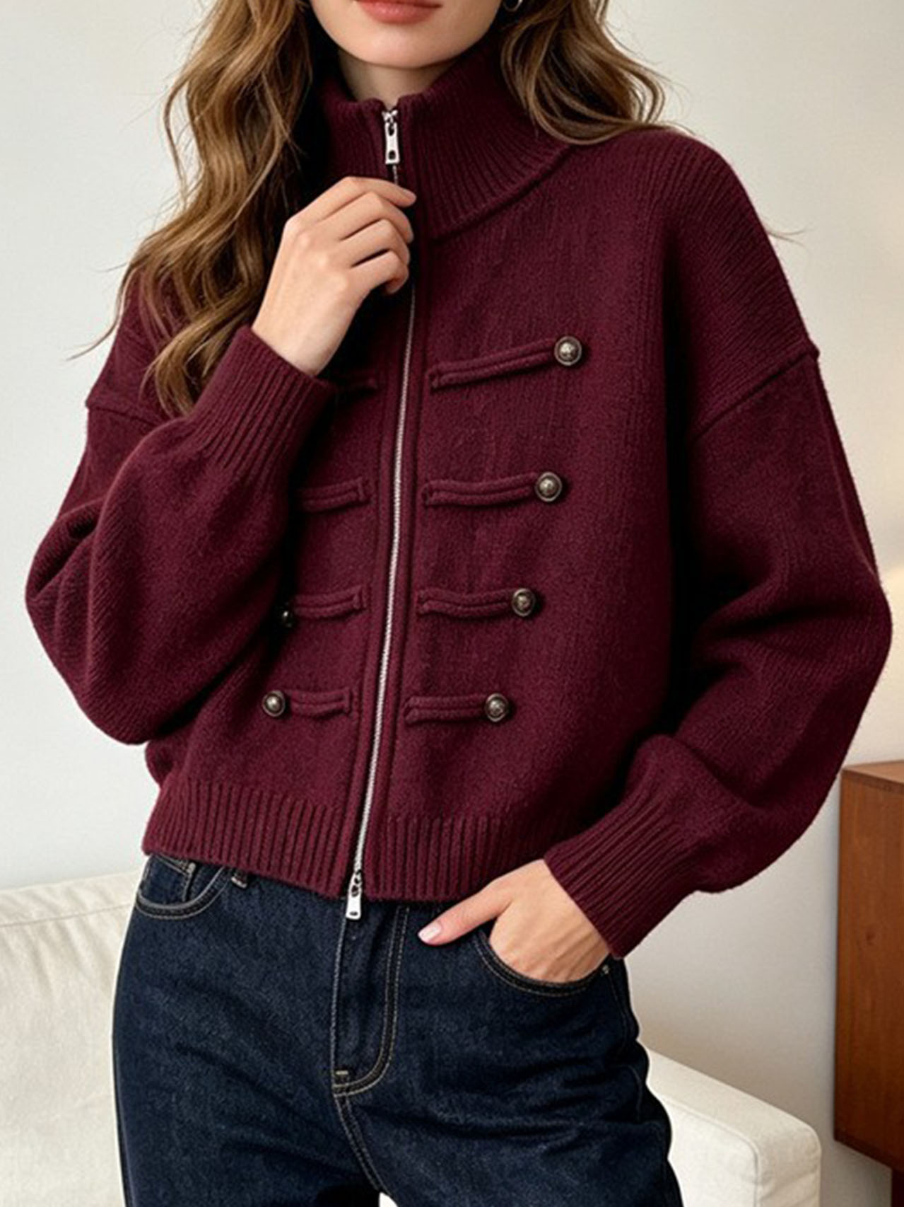 Women's Casual Mock Neck Zip Up Knit Sweater Long Sleeve Pullover Top, Solid Color Ribbed Knit Lightweight Sweater for Fall Winter