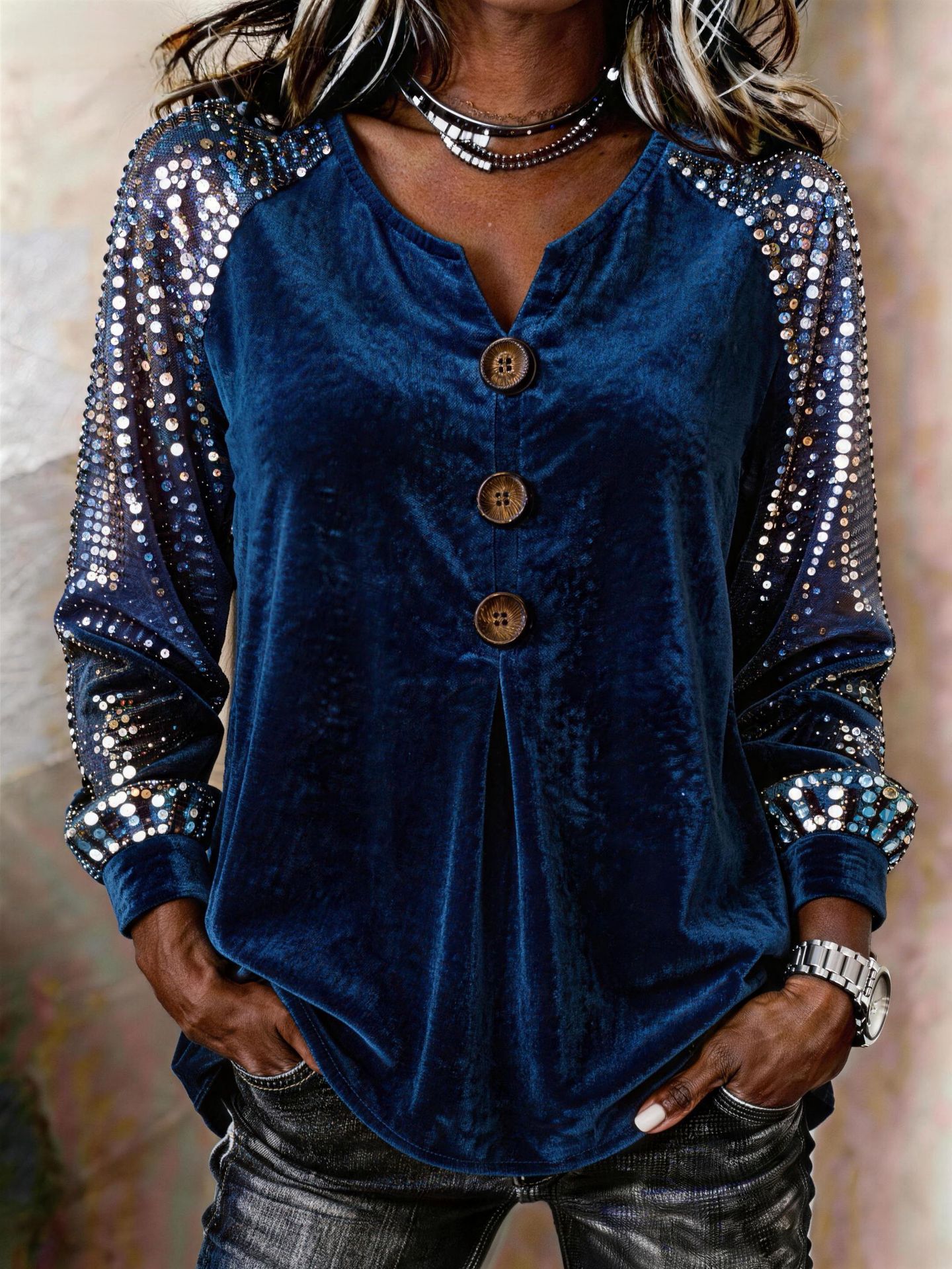 Women's Velvet Blouse Long Sleeve Sequin Sleeve Top V Neck Button Down Elegant Party Casual Shirt
