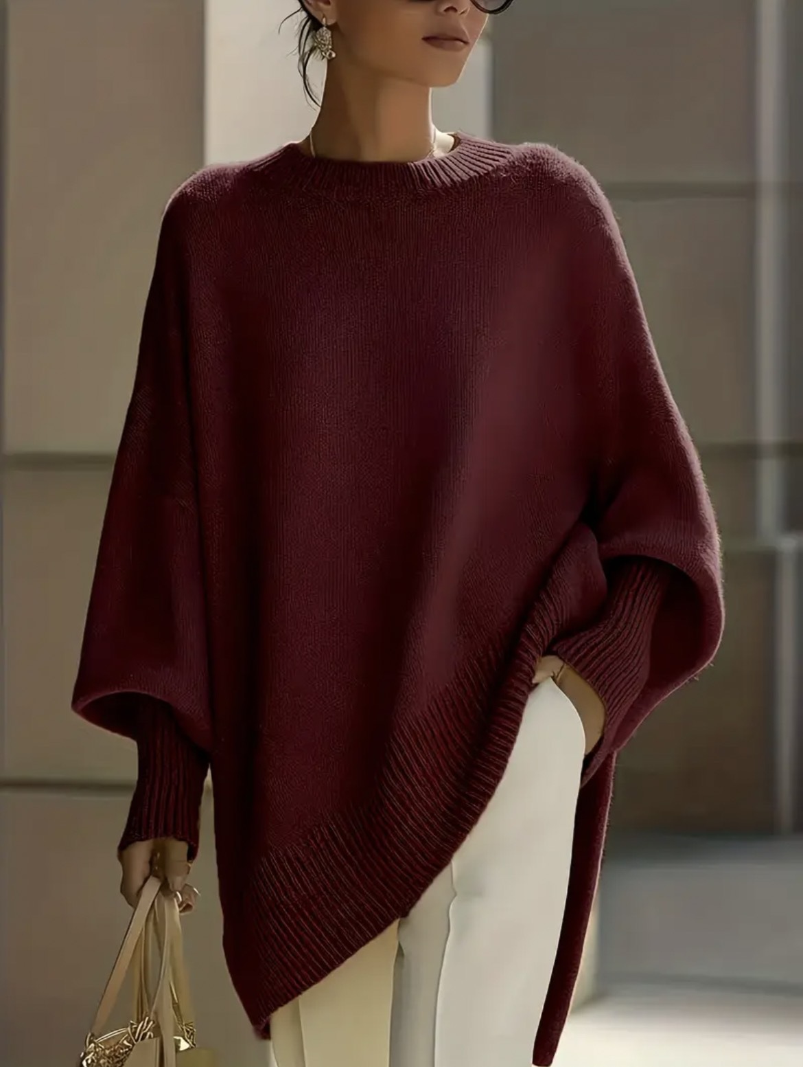 Women Oversized Crew Neck Sweater, Batwing Long Sleeve Asymmetrical Hem Loose Knit Pullover Tunic Top for Fall Winter