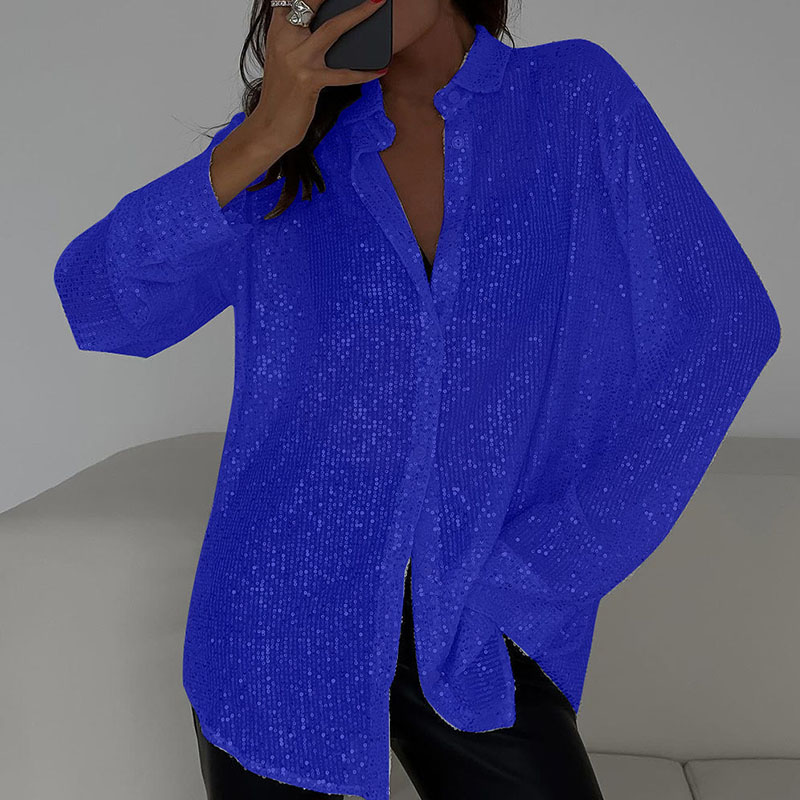 Women's Velvet Blouse Long Sleeve Sequin Sleeve Top V Neck Button Front Elegant Party Casual Shirt