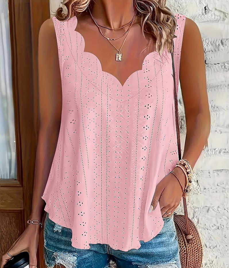 Women’s Cotton Spandex Eyelet Tank Top – Square Neck Sleeveless Summer Blouse