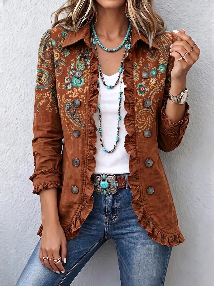 Women’s Boho Paisley Print Ruffle Button Down Jacket