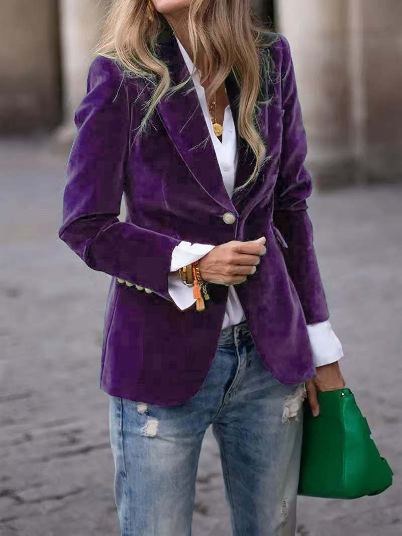 Women's Velvet Blazer, Elegant Lapel Single Button Slim Fit Velvet Suit Jacket, Fall Winter Faux Pocket Long Sleeve Formal Casual Outerwear