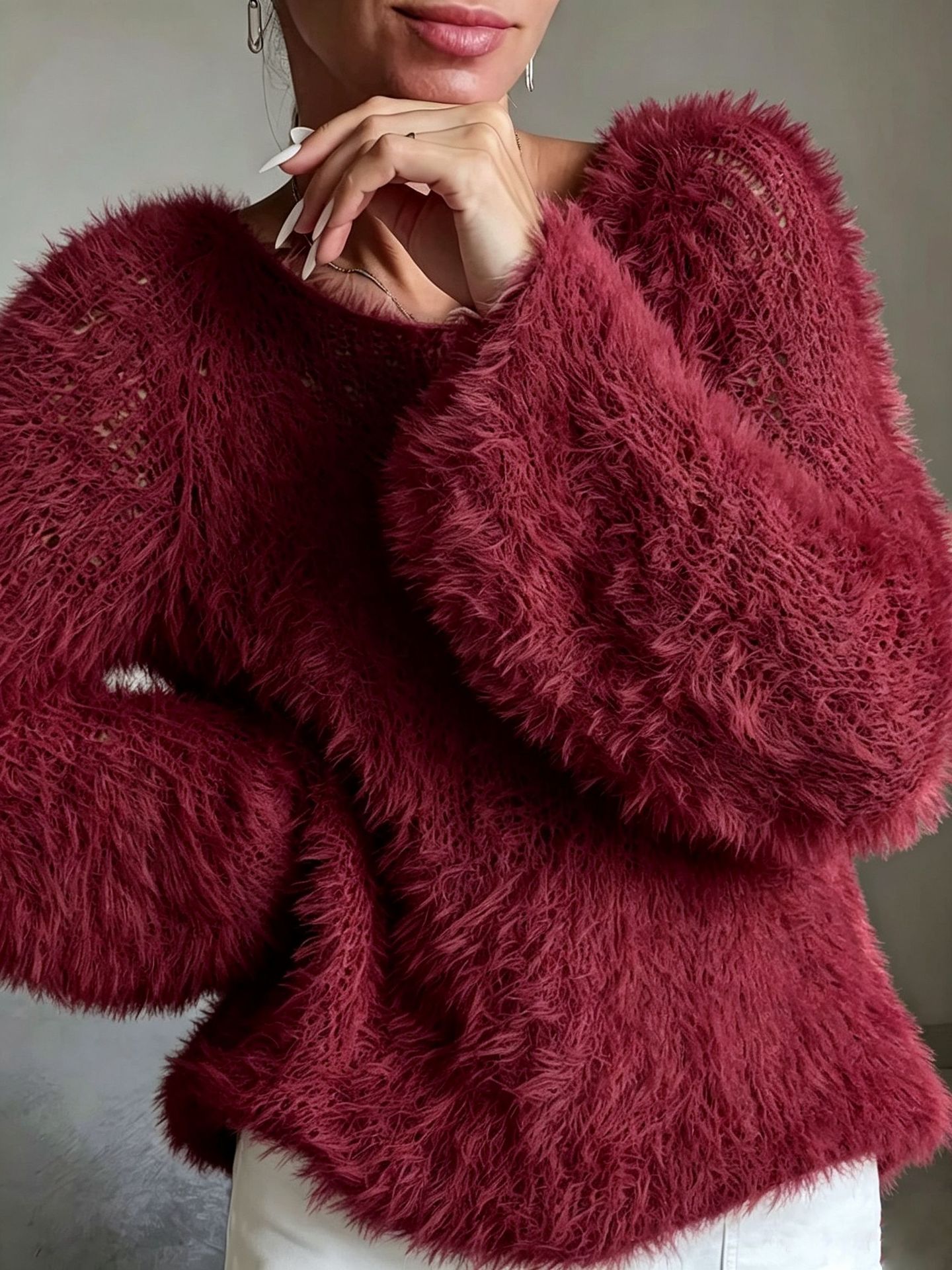 Women's Fluffy Fuzzy Sweater, Crew Neck Long Sleeve Shaggy Pullover Top, Solid Color Relaxed Fit Textured Knitwear, Multiple Colors