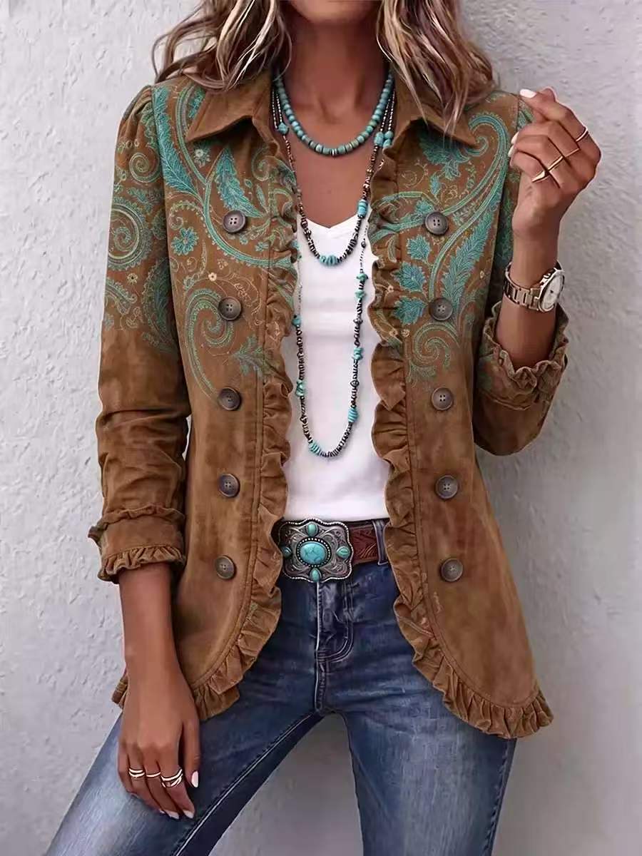 Women’s Boho Paisley Print Ruffle Button Down Jacket