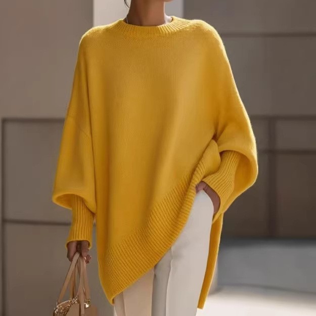Women Oversized Crew Neck Sweater, Batwing Long Sleeve Asymmetrical Hem Loose Knit Pullover Tunic Top for Fall Winter
