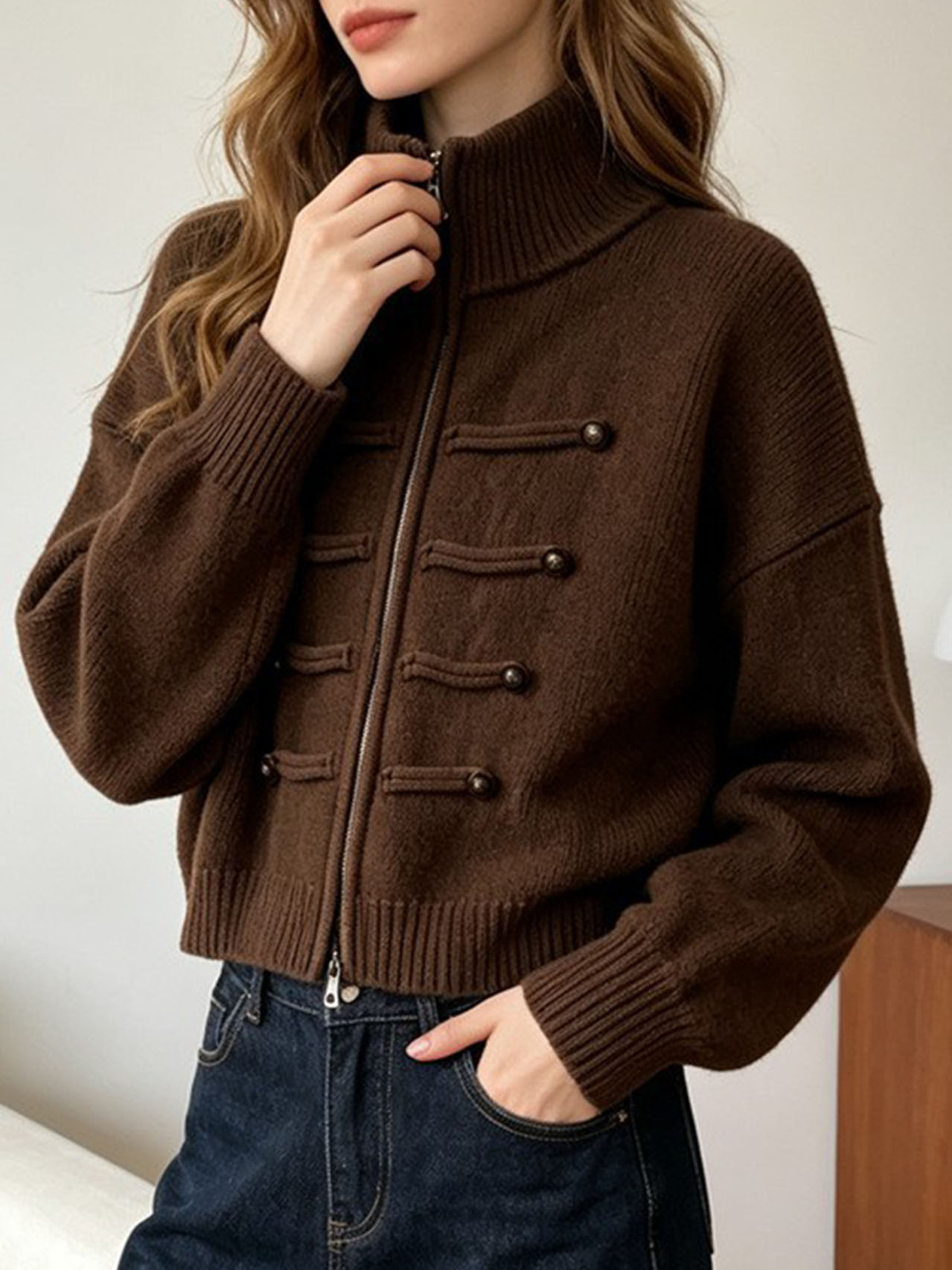 Women's Casual Mock Neck Zip Up Knit Sweater Long Sleeve Pullover Top, Solid Color Ribbed Knit Lightweight Sweater for Fall Winter