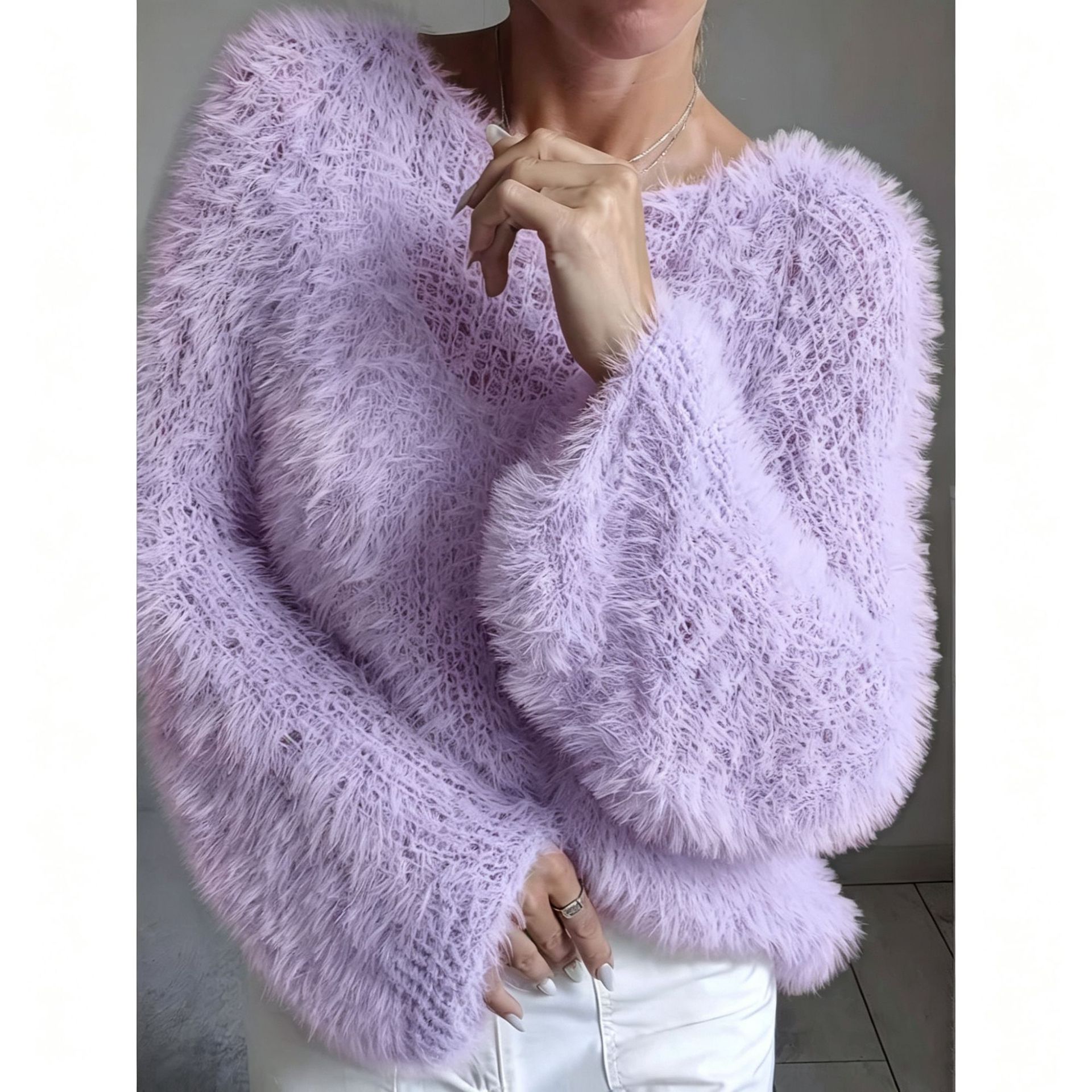 Women's Fluffy Fuzzy Sweater, Crew Neck Long Sleeve Shaggy Pullover Top, Solid Color Relaxed Fit Textured Knitwear, Multiple Colors