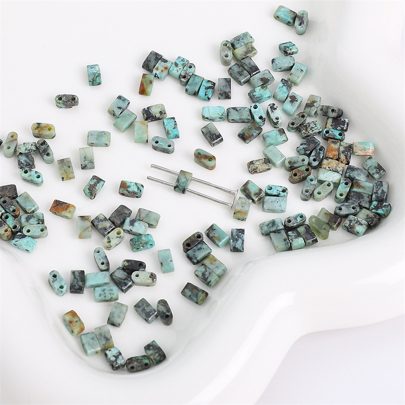 African Turquoise Natural Stone Double Hole TILA Flat Tile Loose Beads Tile Beads, Approx 5×2mm Spacer Beads for DIY Dopamine Bracelet Necklace Ring Craft Supplies, 10 Pieces Per Pack Wholesale